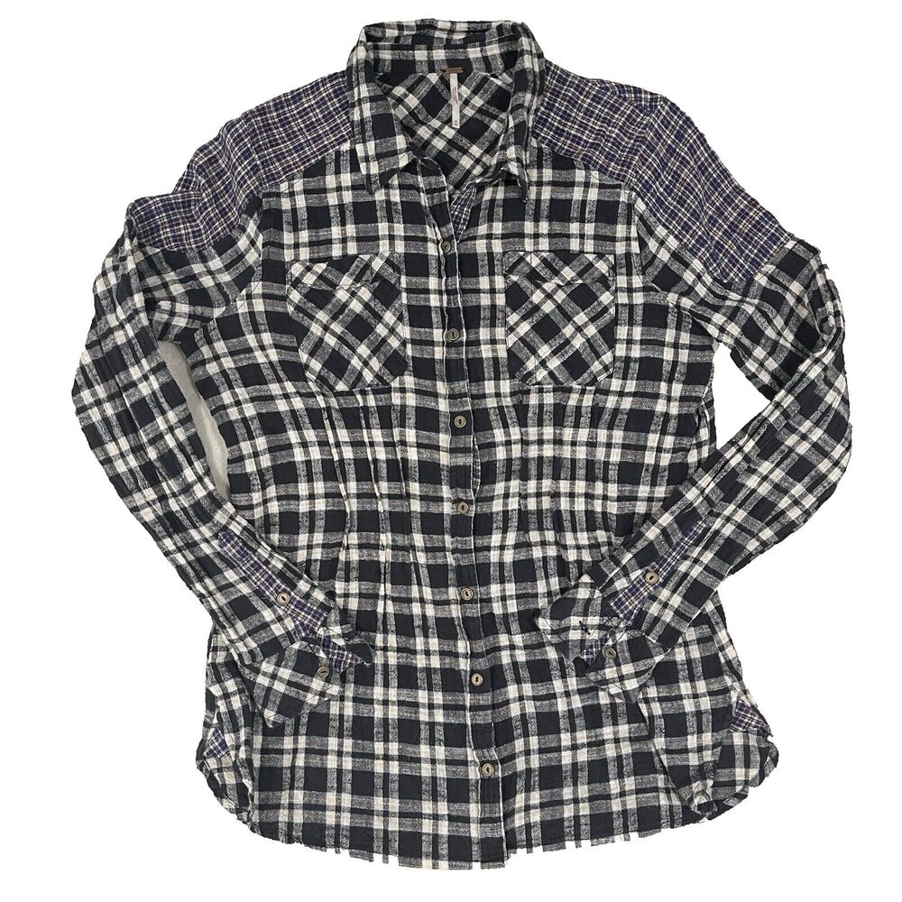 Free People Catch Up With Me Plaid Long Sleeve Flannel Black Combo Womens Medium